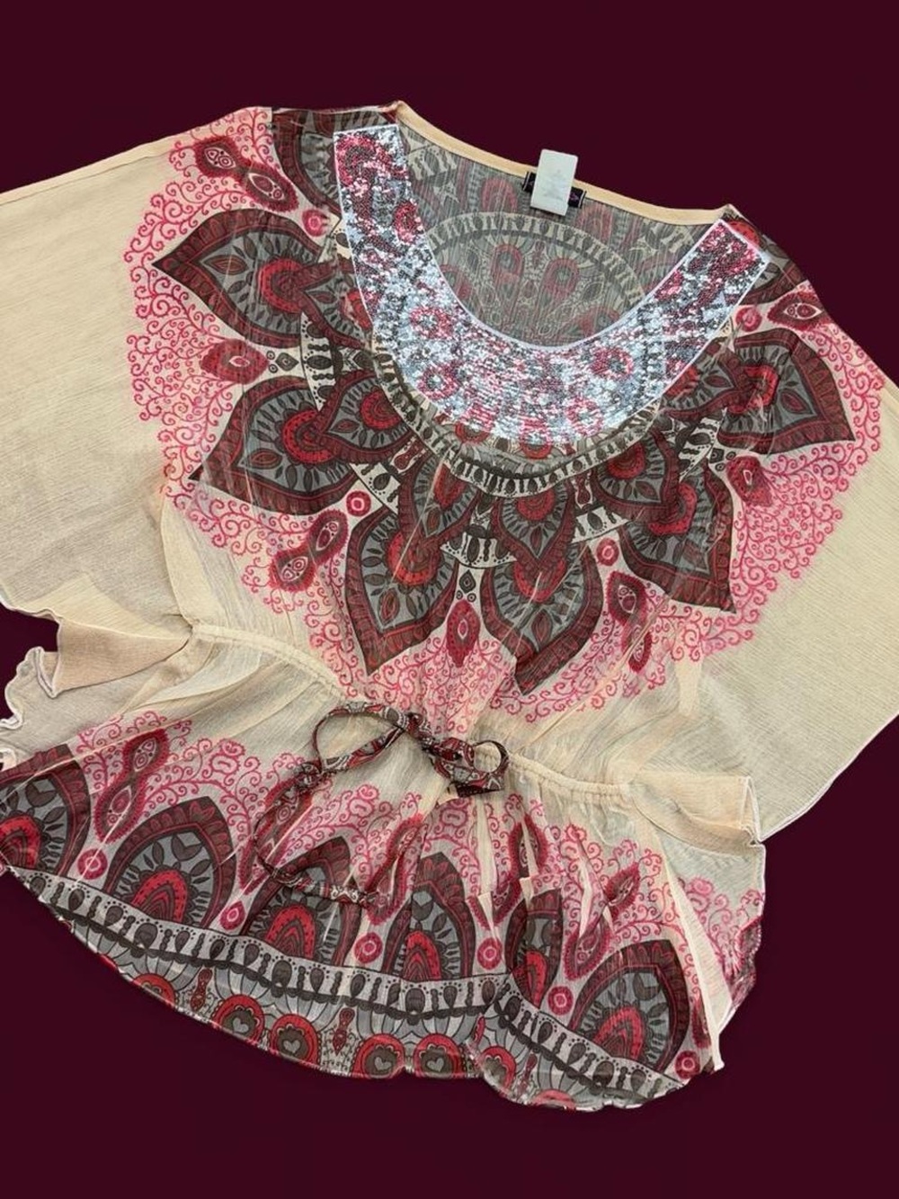 Boho y2k  Floral Print Tie-Waist Women’s Top - red & Cream